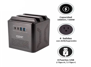 ESTABILIZADOR CDP RUAVR1004I 1000VA/500W 4 SALIDAS/2 USB-A/2 USB-C